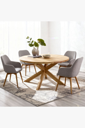 Kerek tömör tölgy étkezőgarnitúra Holger asztal és világosszürke Sky